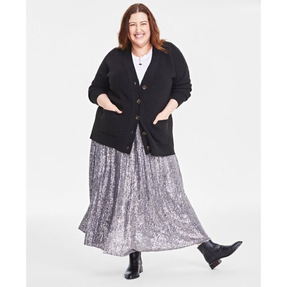 ON 34TH Plus Size Long Patch Chunky Knit Pocket Black Cardigan NWT - Picture 1 of 7